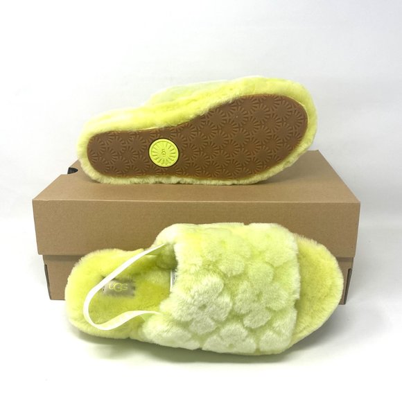 UGG Women Size 7 1118459 PLLN Fluff Yeah Poppy Yellow Pollen Fur Slides Slippers - Picture 8 of 10